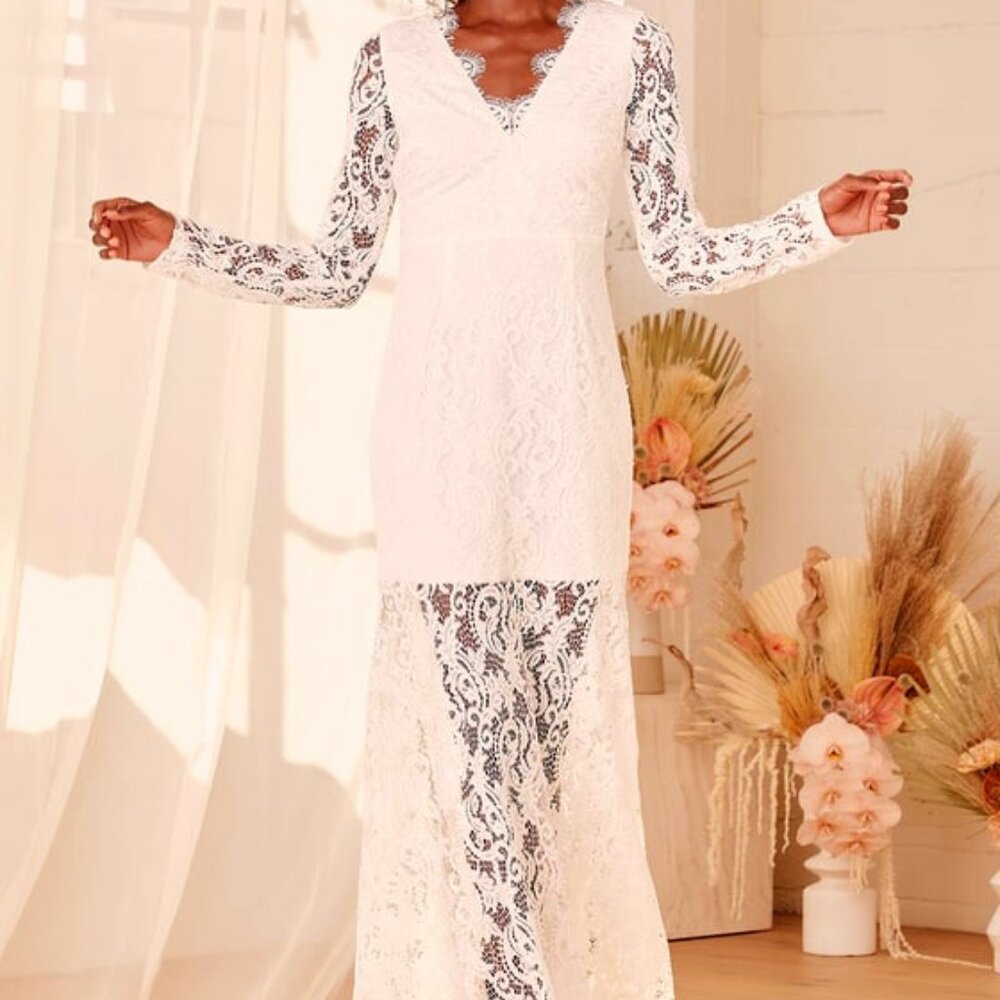 Lulus Way To Be Loved White Lace Long Sleeve Maxi Dress - Size XS